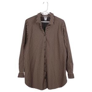 Chico's Button-Up Shirt 3 (US 16) Black Tan Striped Cotton No-Iron Chic Stretch